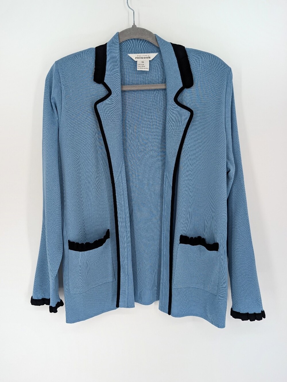 Misook Open Front Blazer Jacket Blue Cardigan Black Trim Acrylic XL Career